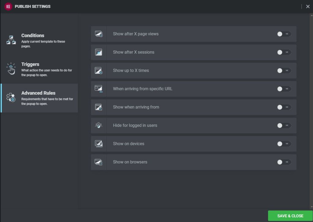 Pop-up okno conditions